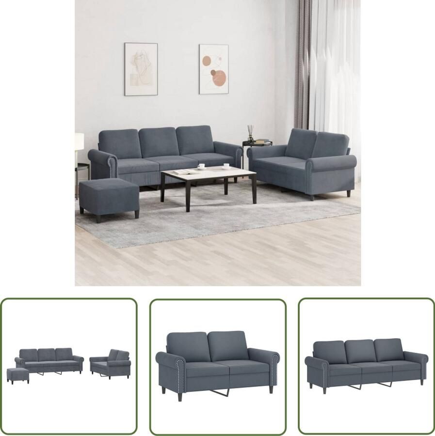 VidaXL 3-delige Loungeset met kussens fluweel donkergrijs Loungeset Velours Grijs 3-delig Salonset