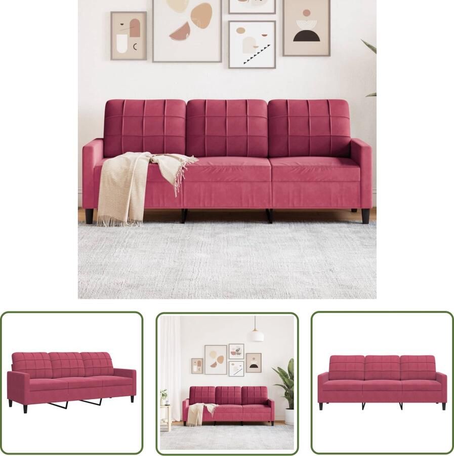 The Living Store Bank Velvet 3-zits 197 x 77 x 80 cm Wijnrood 3-zitsbank Velvet Bank Rode Bank Woonkamer Meubels Lounge Bank