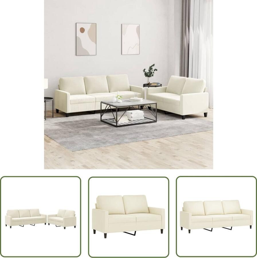 The Living Store Bank Velvet 2-zits en 3-zits Crème fluwelen bankstel Stevig frame Comfortabele zitting Lounge Meubels Velvet Bank Creme Bank 2 Persoons Bank 3 Persoons Bank