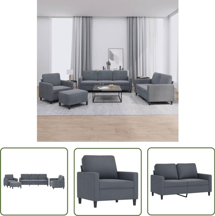 The Living Store Loungeset Velvet 3-2-1 Zitsbank met Voetenbank Donkergrijs Fluweel Stabiel Frame Loungebank Velvet Bank Donkere Grijze Bank Woonkamer Meubels Hoekbanken
