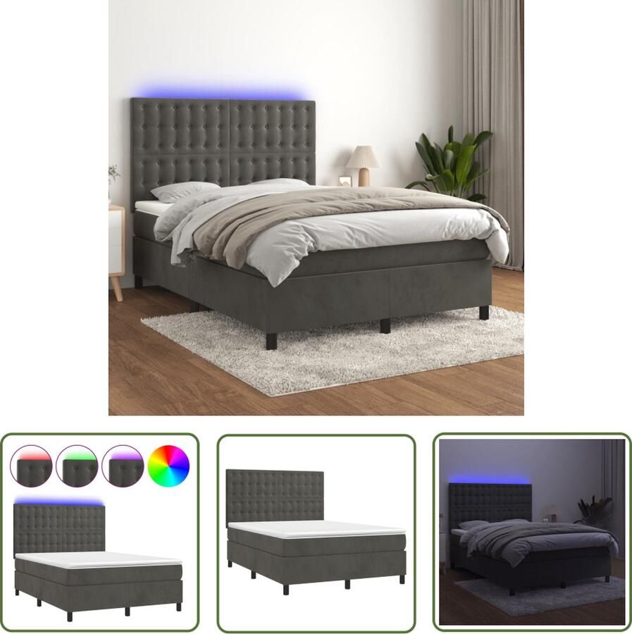 The Living Store Boxspring Bed Fluweel Pocketvering LED 140x190 cm Donkergrijs Boxspring Bed Velvet Bed Led Bed Tweepersoons Bed Donkere Kleuren