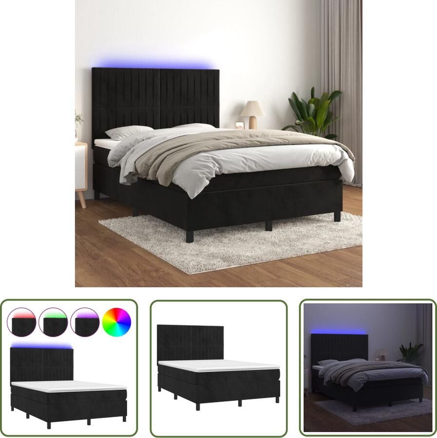 The Living Store Boxspring Bed Fluwelen Stof Verstelbaar Hoofdbord Kleurrijke LED-verlichting Pocketvering Matras Huidvriendelijk Topmatras 193x144x118 128 cm Zwart