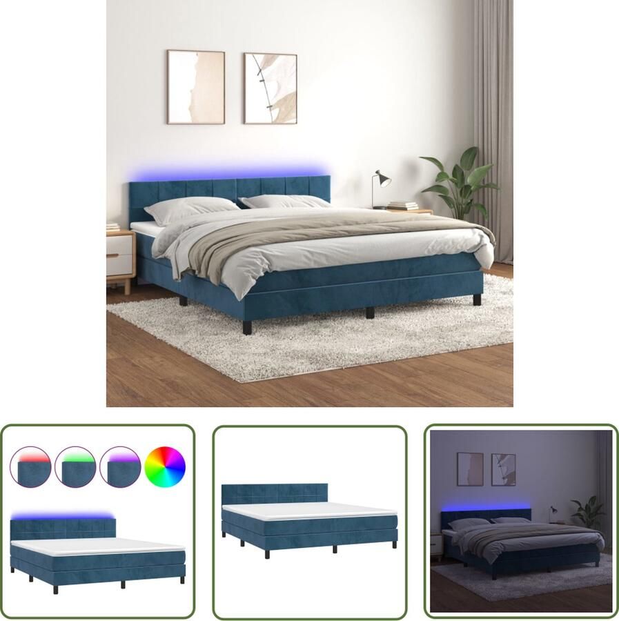 The Living Store Boxspring Dark Blue Velvet Pocket Spring Mattress Soft LED Lighting Boxspring Velvet Bed Dark Blue Bed Led Bed Pocketed Spring Mattress