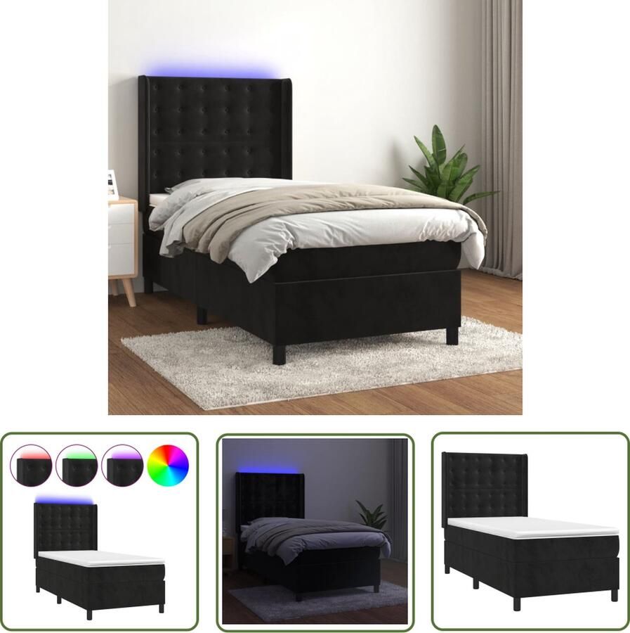 The Living Store Boxspring Zwart Fluweel 203x93x118 128 cm Incl Pocketvering Matras en LED Boxspring Velvet Bed Zwarte Boxspring Led Bed Slaapcomfort