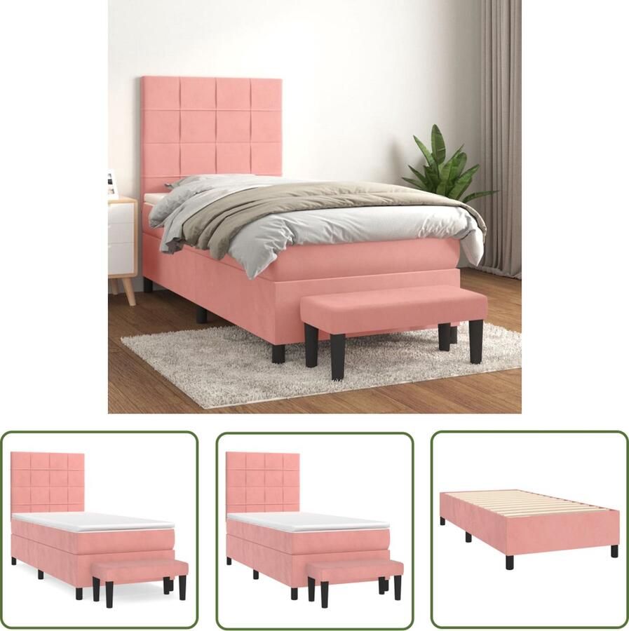 The Living Store Boxspring met matras fluweel roze 90x200 cm Boxspring Velvet Bed Rooskleurig Bed Tweepersoonsbed King Size Bed