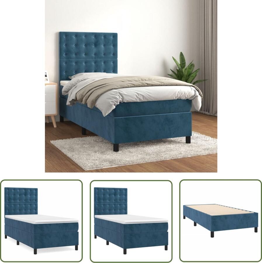 The Living Store Boxspringbed fluweel pocketvering middelharde ondersteuning huidvriendelijk donkerblauw 203x90x118 128cm incl matras en topmatras Boxspringbed Velvet Bed Tweepersoonsbed Donkere Kleuren Boxspring Frame