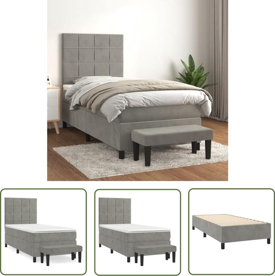The Living Store Boxspringbed Soft Velvet Bed met Pocketvering matras 80x200 Lichtgrijs Boxspringbed Velvet Bed Tweepersoonsbed Slaapkamer Meubilair Grijs Bed
