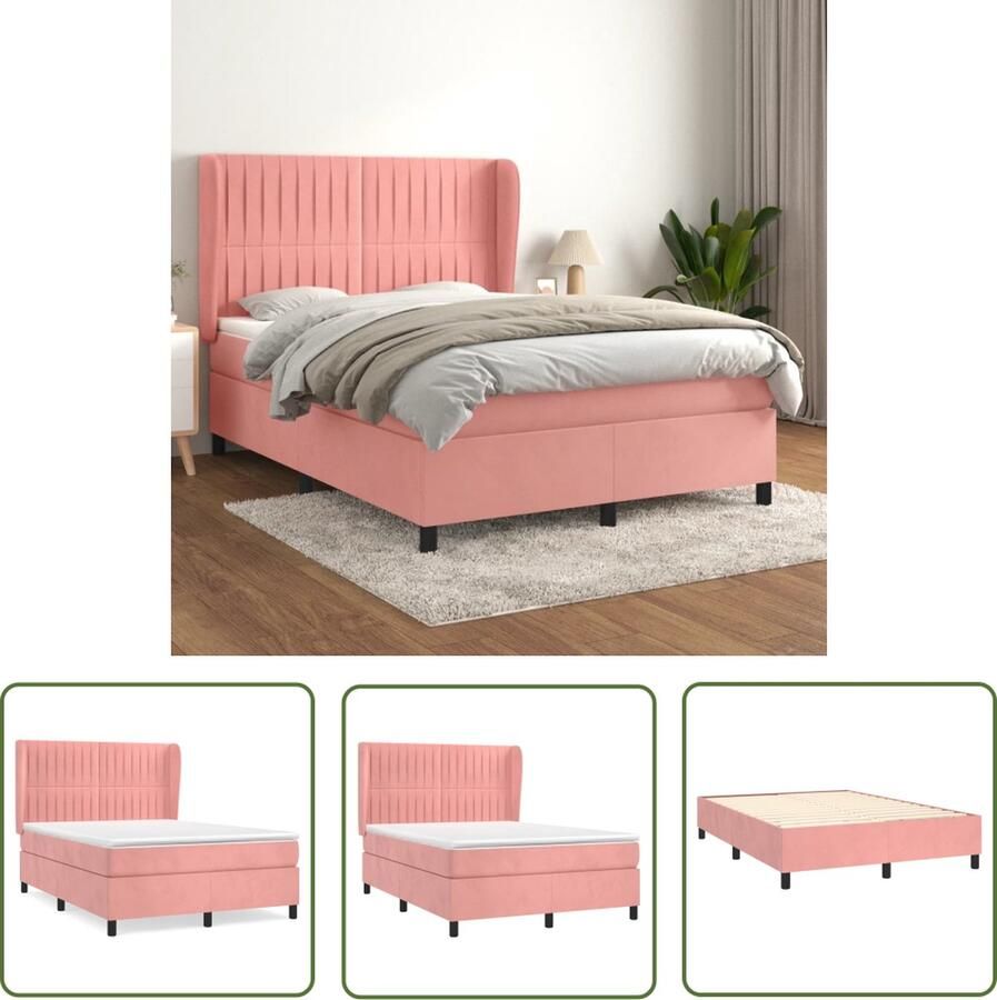 The Living Store Boxspringbed Fluweel Pocketvering Middelharde ondersteuning Huidvriendelijk Roze 193x147x118 128cm Inclusief hoofdbord matras en topmatras