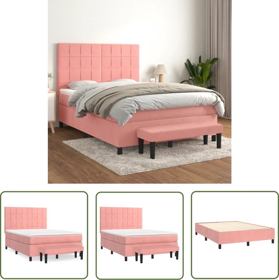 The Living Store Boxspring met matras fluweel roze 140x200 cm Boxspringbed Velvet Bed Rooskleurig Bed Tweepersoonsbed King Size Bed