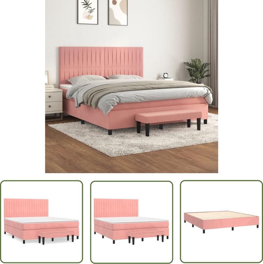 The Living Store Boxspring met matras fluweel roze 160x200 cm Boxspringbed Velvet Bed Tweepersoonsbed Rosé Bed Pocketed Spring Mattress