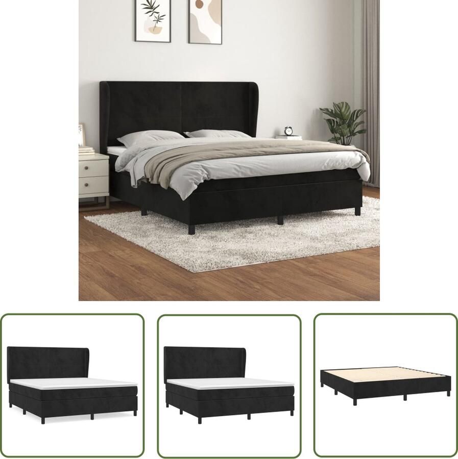 The Living Store Boxspringbed Zacht fluweel Praktisch hoofdbord Pocketvering matras Middelharde ondersteuning Huidvriendelijk topmatras Zwart 203x183x118 128 cm