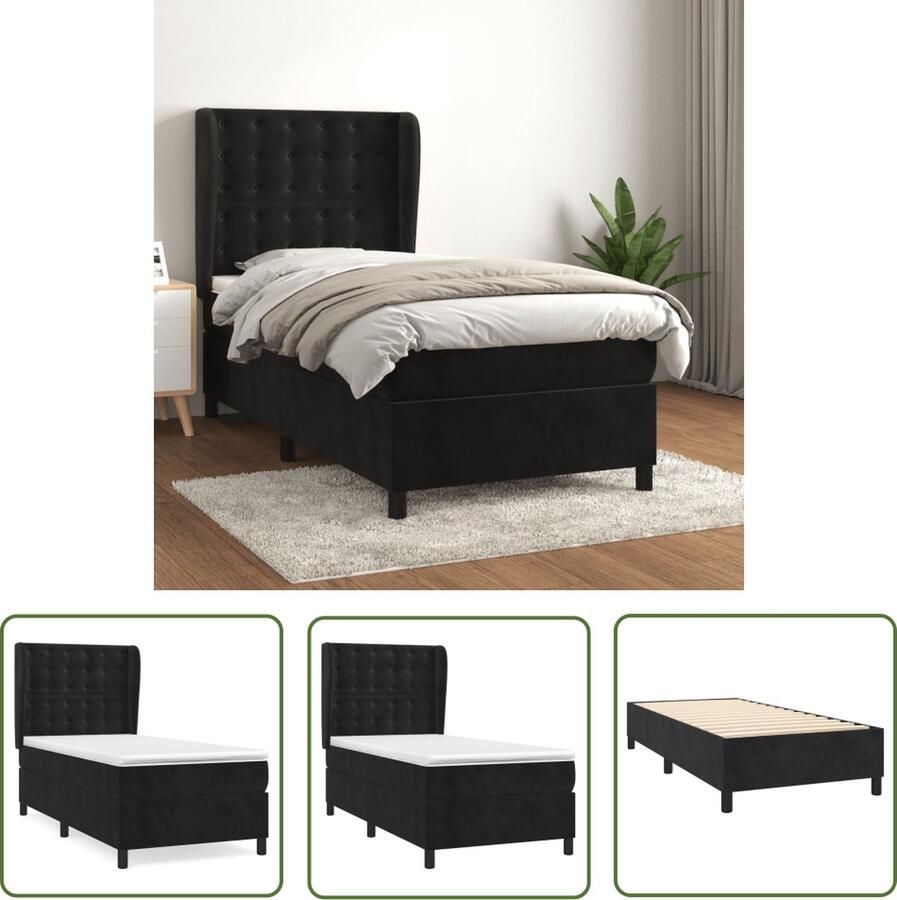 The Living Store Boxspringbed Zacht fluweel Praktisch hoofdbord Pocketvering matras Middelharde ondersteuning Huidvriendelijk topmatras Zwart 193x93x118 128 cm