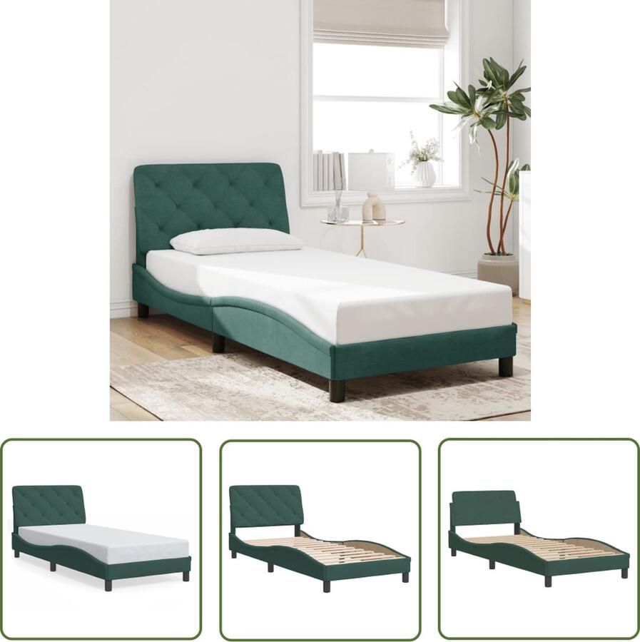 The Living Store Donkergroen Fluweel Bedframe 208x95x74.5 cm Multiplex Lattenbodem Schuimgevuld Hoofdbordkussen Donkergroen Bed Frame Velvet Bed Frame Tweepersoons Bed Frame Boxspring Bed Frame Hoofdbord Met Kussens