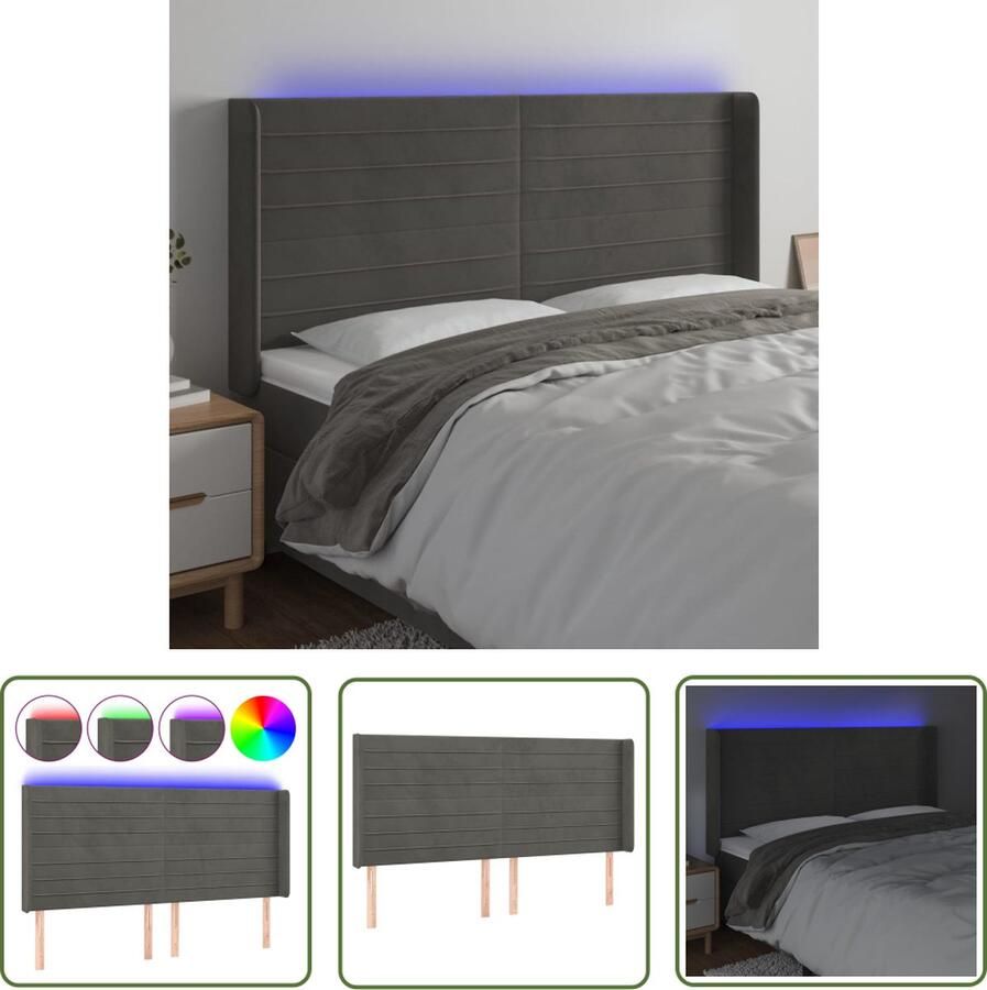 The Living Store LED-hoofdbord Soft Velvet donkergrijs 183x16x118 128 cm verstelbare hoogte Hoofd Bord Led Velvet Headboard Grijs Hoofdbord Met Verlichting Leeshoek Verhogen