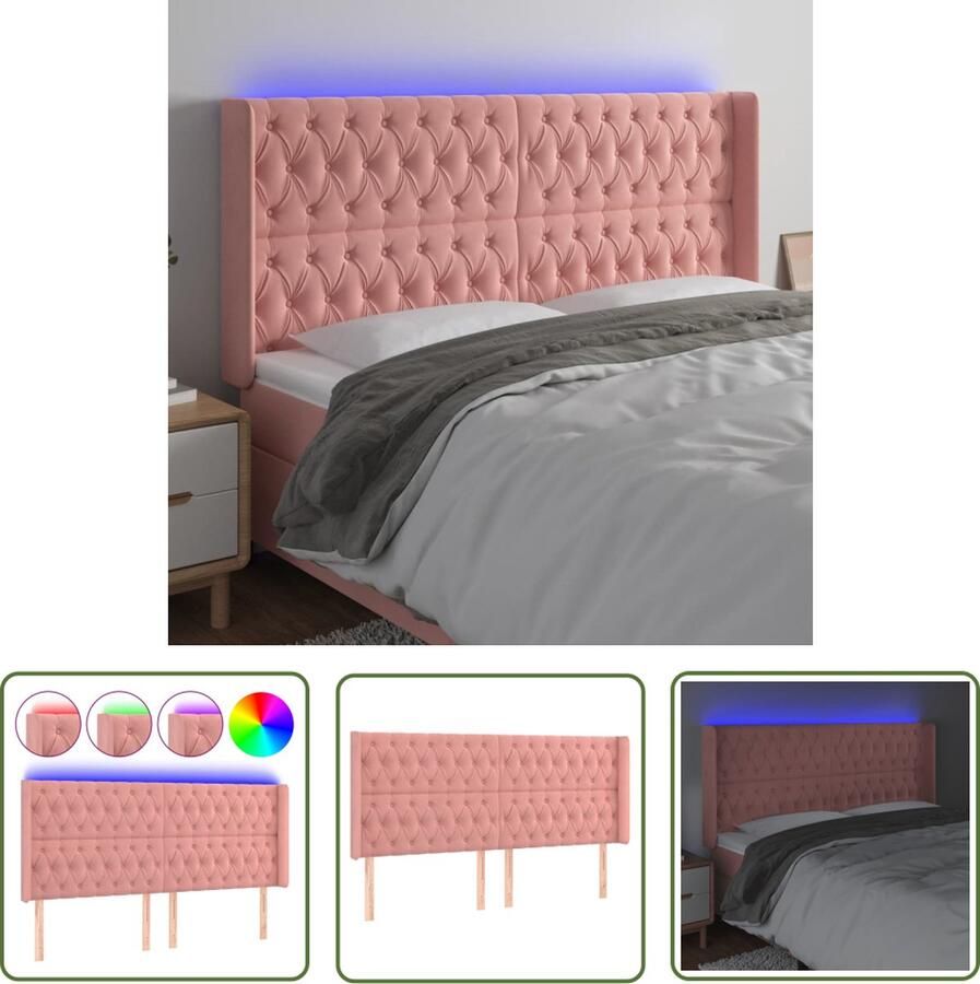 The Living Store Hoofdbord Velvet 183 x 16 x 118 128 cm Roze Verstelbaar LED Strip USB-aansluiting Hoofd Bord Velvet Led Lamp Roze Beddecoratie