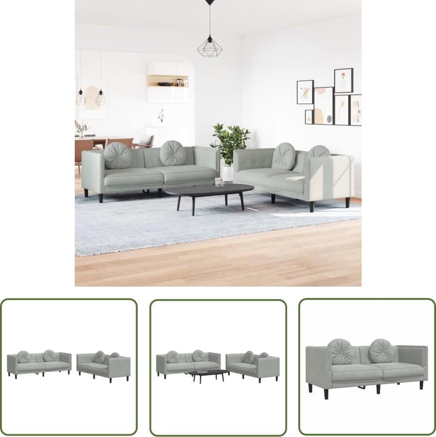 The Living Store Loungebank Velvet Lichtgrijs Comfortabele zitervaring Loungeset Velvet Sofa Grijze Bank 2 Persoons Bank 3 Persoons Bank