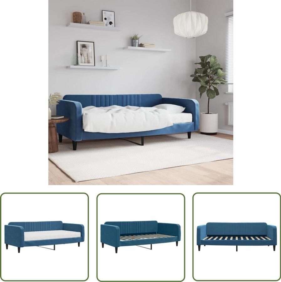 The Living Store Slaapbank met matras 100x200 cm fluweel blauw Slaapbank Velvet Sofa Blauwe Meubels Tweepersoonsbed Compact Bed