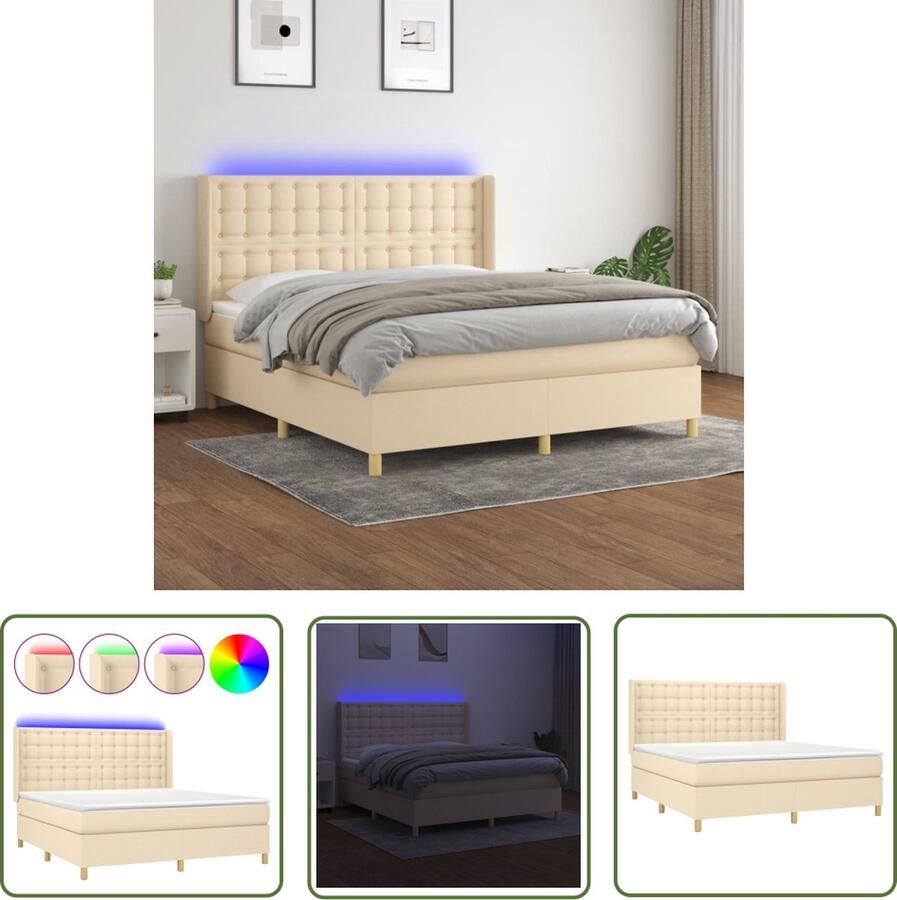 The Living Store Boxspring Bed Crème 160 x 200 cm Verstelbaar hoofdbord Kleurrijke LED-verlichting Pocketvering matras Huidvriendelijk topmatras Inclusief montagehandleiding