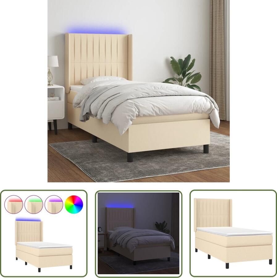 The Living Store Boxspring Bed Crème 203x83x118 128 cm Verstelbaar hoofdbord Pocketvering matras LED-verlichting Huidvriendelijk topmatras Boxspring Bed Verstelbare Hoofdbord Led Verlichting Pocketvering Matras Creme Kleurtje