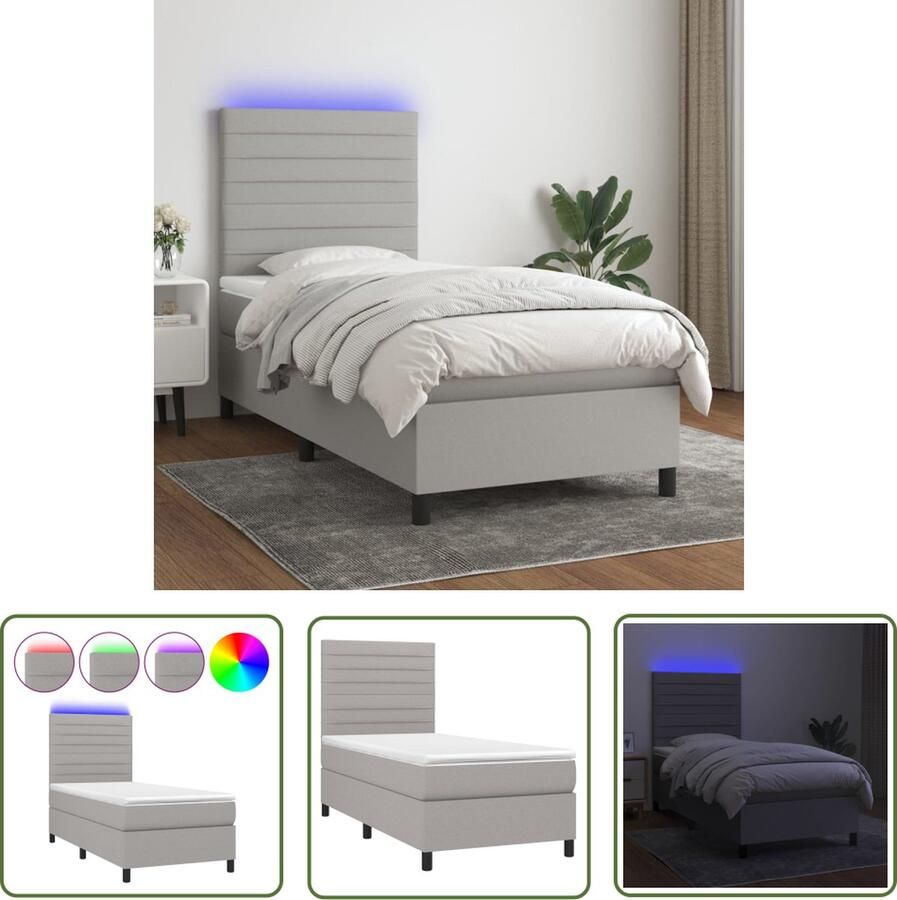 The Living Store Boxspring Bed Lichtgrijs 203x90x118 128 cm Verstelbaar hoofdbord LED-verlichting Boxspring Bed Verstelbare Hoofdbord Led Verlichting Grijs Bed Slaapcomfort