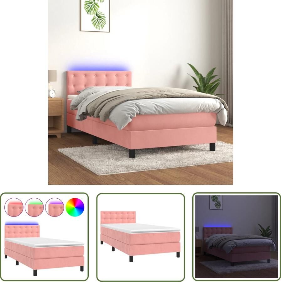 The Living Store Boxspring met matras en LED fluweel roze 90x200 cm Boxspring Vlinderbed Tweepersoonsbed Roze Bed Velvet Bed