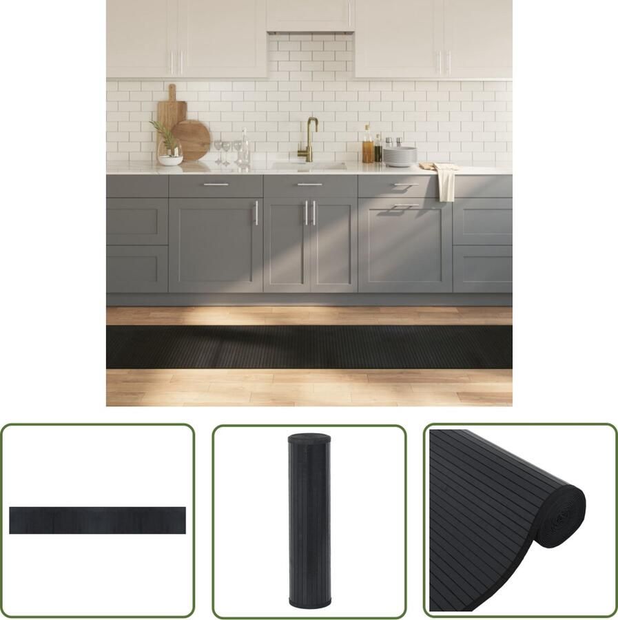 The Living Store Bamboe Tapijt 60 x 400 cm Duurzaam Linked bamboe materiaal met anti-slip onderkant Zwart Bamboetapijt Vloerkleden Modern Tapijt Zwart Tapijt Anti Slip Tapijt