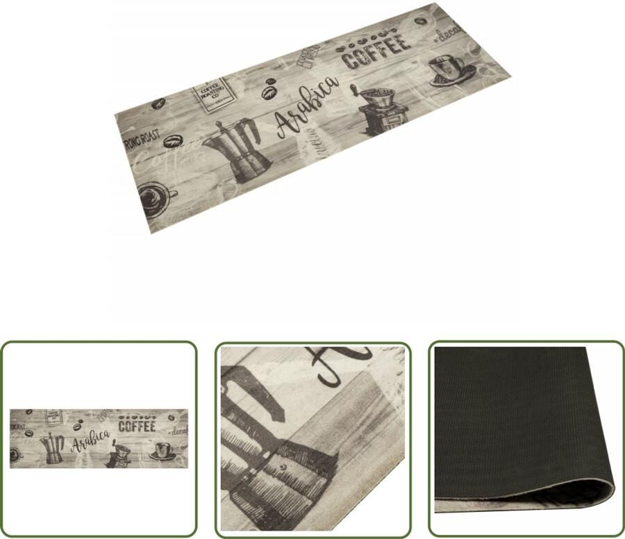 The Living Store Keukenmat wasbaar koffieprint 60x180 cm fluweel grijs Keukenmat Vloerkleden Anti-slip Matten Keukendecoratie Koffie Print