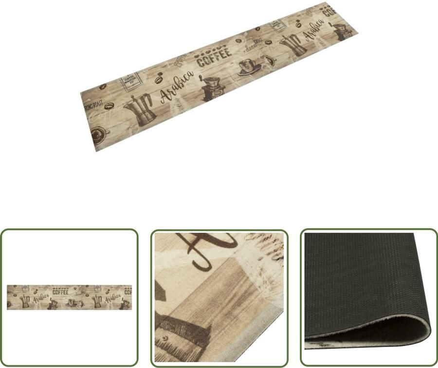 The Living Store Keukenmat wasbaar koffieprint 60x300 cm fluweel bruin Keukenmat Vloerkleden Anti-slip Matten Koffie Print Bruine Kleur
