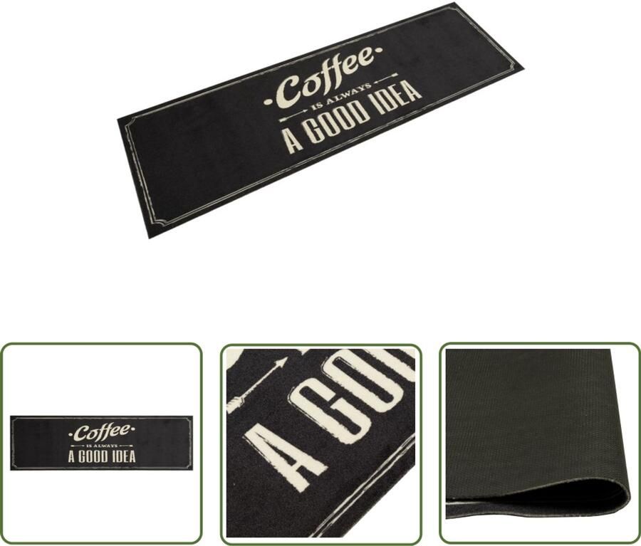 The Living Store Keukenmat wasbaar koffietekst 45x150 cm fluweel Keukenmat Vloerkleden Anti-slip Matten Keukendecoratie Zwarte Keukenmat