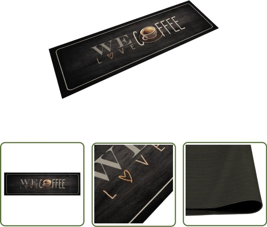 The Living Store Keukenmat wasbaar koffietekst 45x150 cm fluweel Keukenmat Vloerkleden Keukendecoratie Koffie Tekst Zwarte Keukenmat