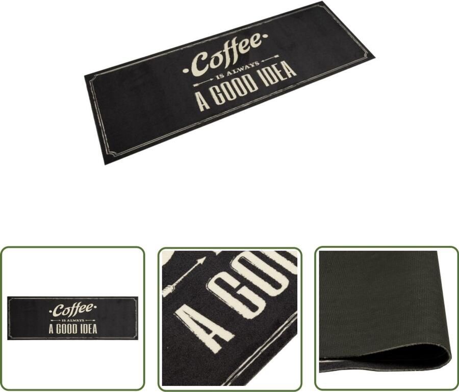 The Living Store Keukenmat wasbaar koffietekst 60x180 cm fluweel Keukenmat Vloerkleden Anti-slip Matten Keukendecoratie Zwarte Keukenmat