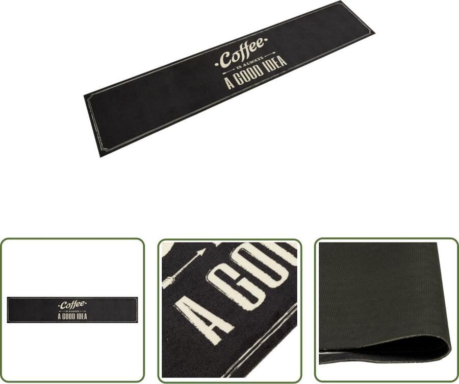 The Living Store Keukenmat Trendy 300 x 60 cm Koffietekst Duurzaam fluweel slipvaste latex basis Machinewasbaar en op te rollen Keukenmat Vloerkleden Antislip Mat Keukenvloer Zwarte Keukenmat