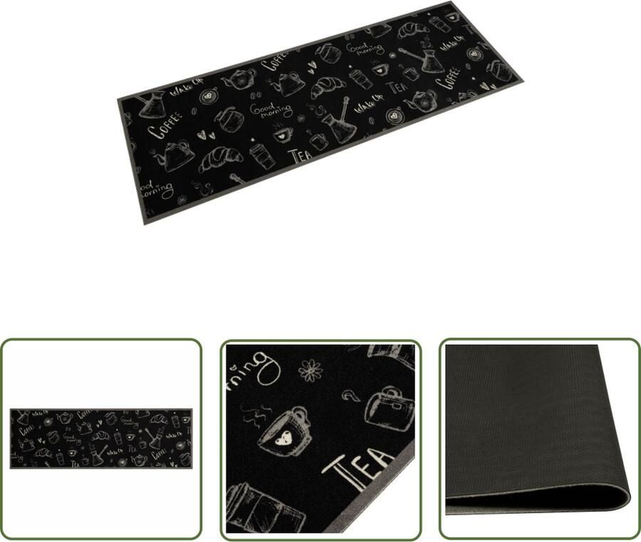The Living Store Keukenmat Ochtendprint zwart Fluweel 180 x 60 cm Duurzaam Slipvast Keukenmat Vloerkleden Antislip Mat Zwarte Keukenmat Fluweel Keukenmat