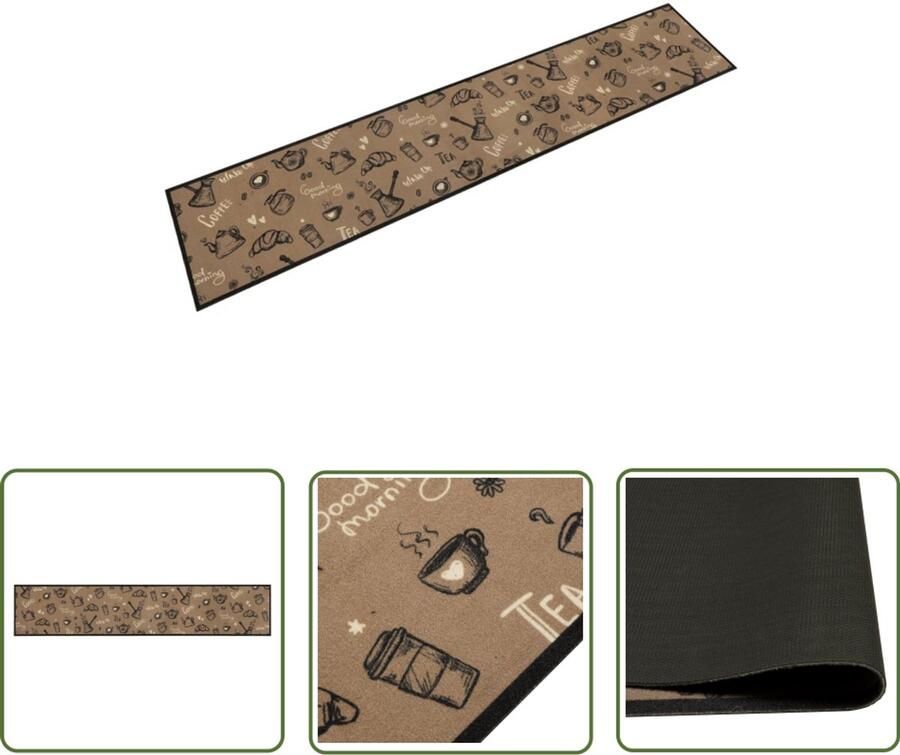 The Living Store Keukenmat wasbaar ochtendprint 60x300 cm fluweel bruin Keukenmat Vloerkleden Anti-slip Matten Brown Kitchen Rug Luxe Keukenmat