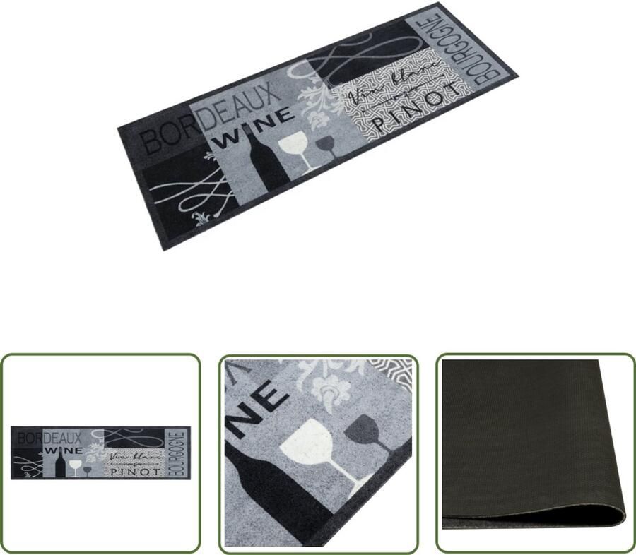 The Living Store Keukenmat wasbaar wijnprint 45x150 cm fluweel grijs Keukenmat Vloerkleden Anti-slip Matten Keukenaccessoires Woonaccessoires