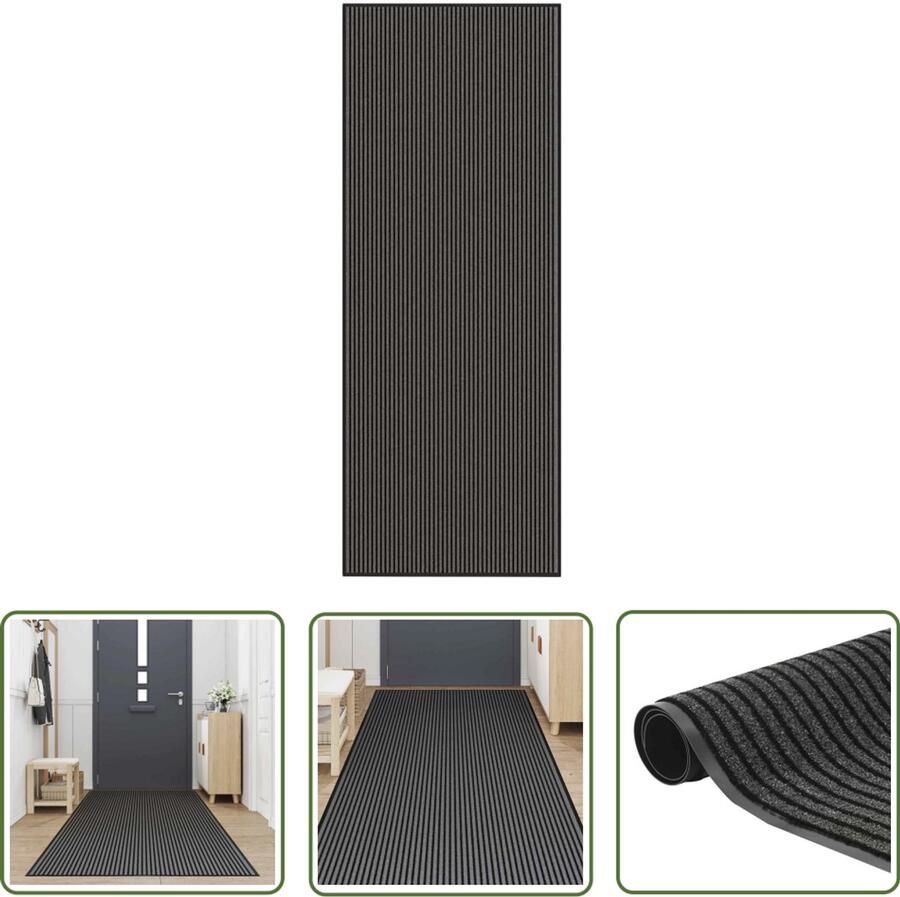 The Living Store Deurmat 115x300 cm gestreept zwart en grijs Deurmat Vloerkleed Hal Runner Anti Slip Zwarte Deurmat