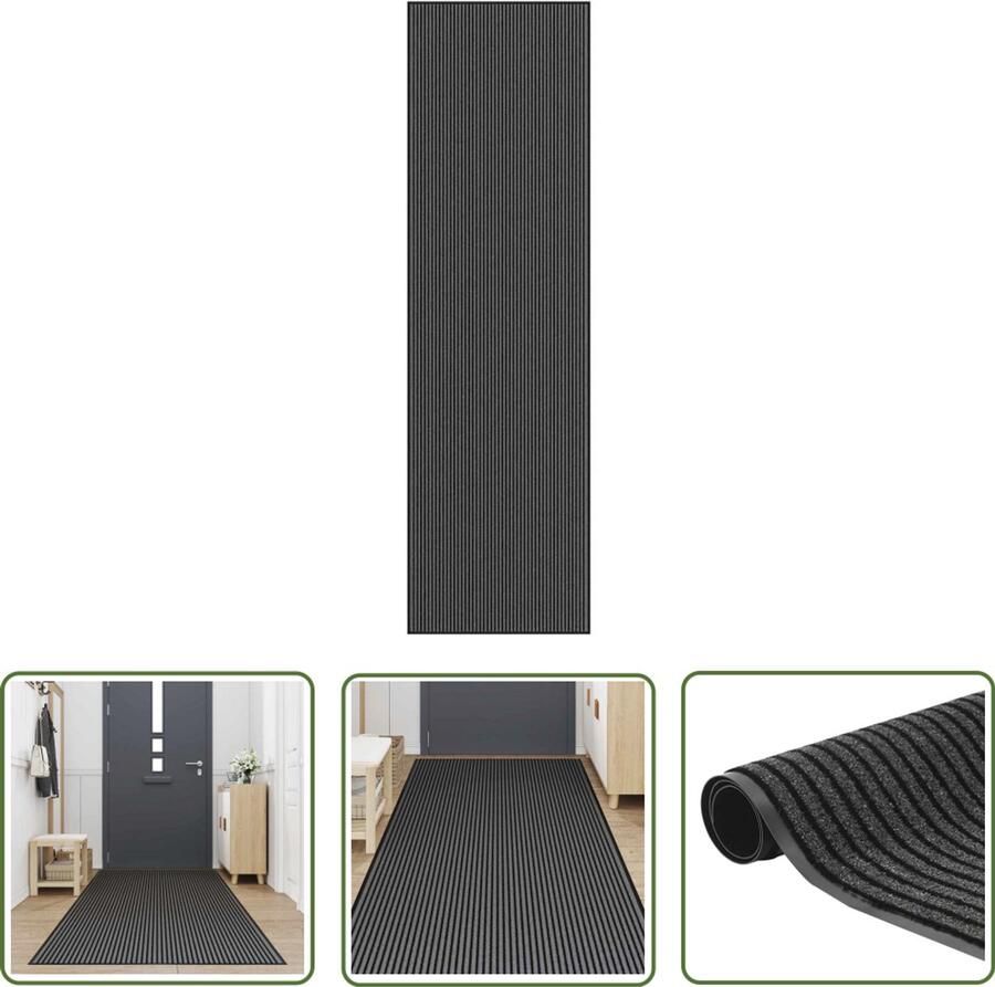 The Living Store Deurmat 115x400 cm gestreept 115x400 cm zwart en grijs Deurmat Vloerkleed Hal Runner Anti Slip Zwarte Deurmat