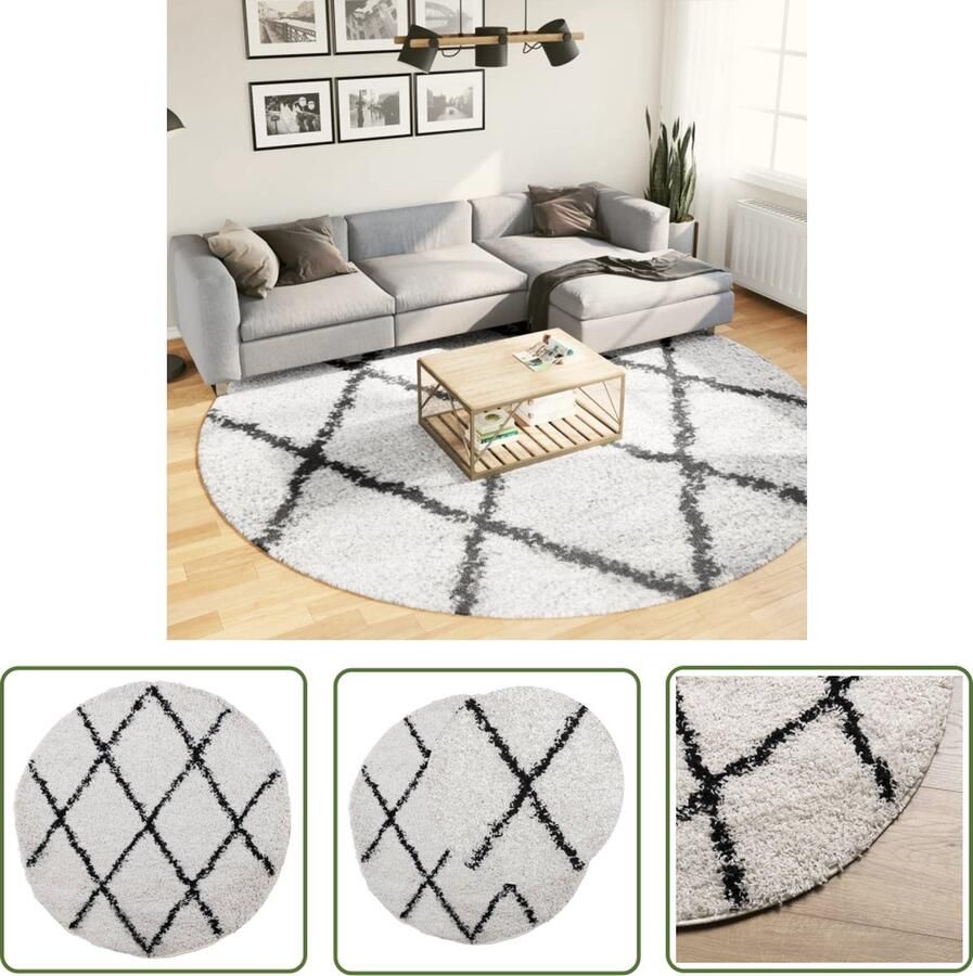 The Living Store PAMPLONA Shaggy vloerkleed 280 cm Crème en zwart Dikke pool anti-slip geschikt voor vloerverwarming Shaggy Vloerkleed Kruipend Kind Groot Vloerkleed Rond Vloerkleed Creme Vloerkleed