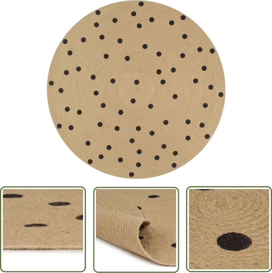 The Living Store Jute Vloertapijt 90 cm Handgemaakt Polkadot Natuurlijk en Zwart Jute Tapijt Vloertapijt Ronde Tapijt Natuurtapijt Vintage Tapijt