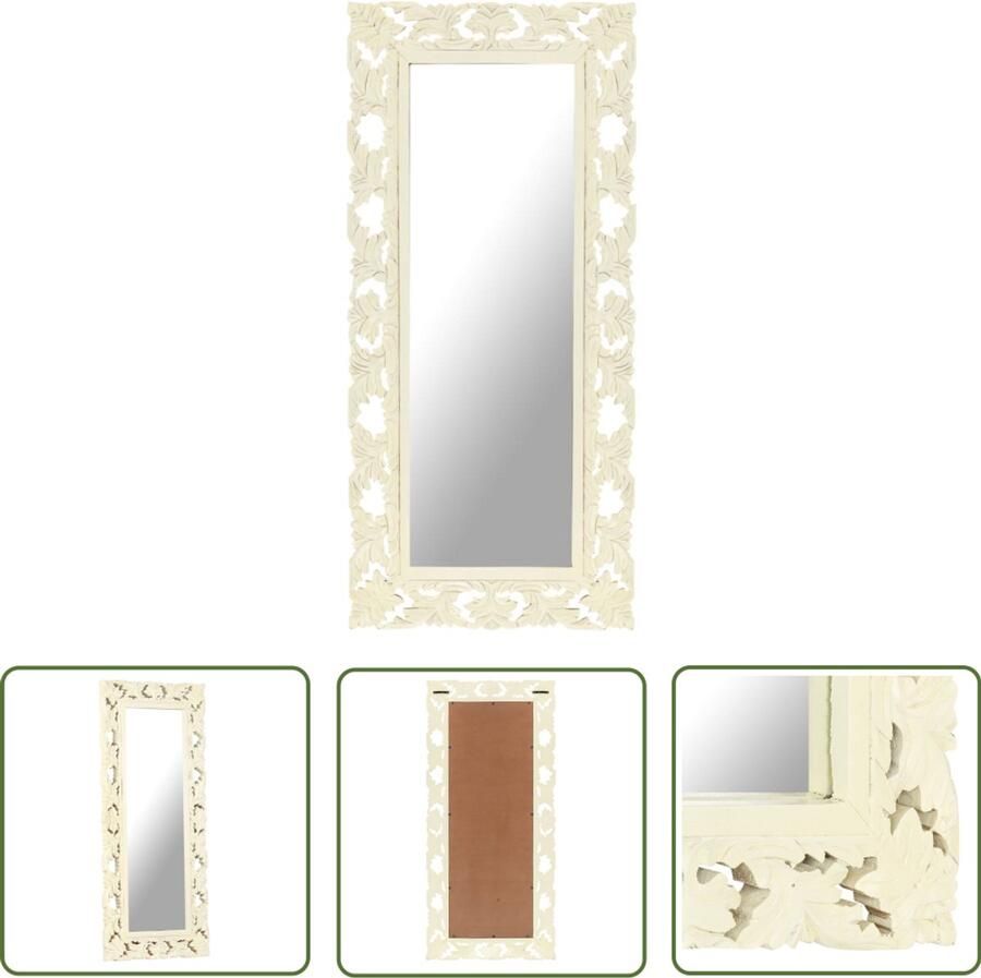The Living Store Spiegel handgesneden 110x50 cm massief mangohout wit Houten Spiegel Wanddecoratie Mango Wood Mirror Vintage Spiegel Salontafel Accessoires