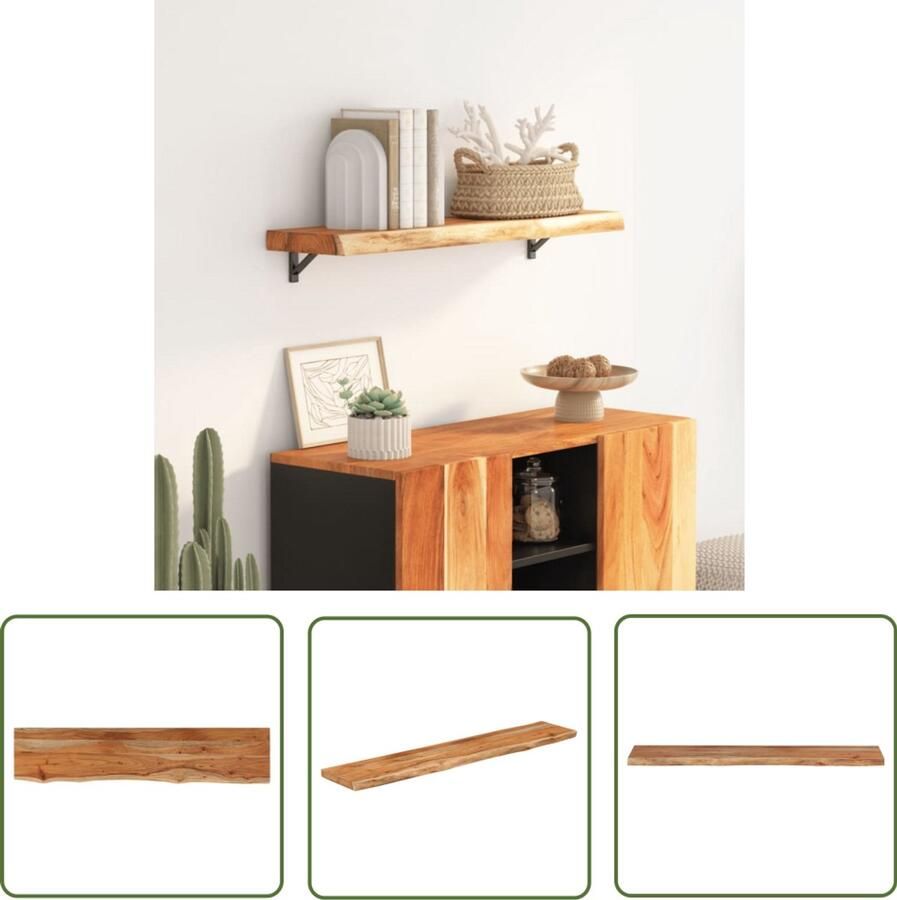 The Living Store Wandschap rechthoekig natuurlijke rand 90x20x3 8 cm acaciahout Houten Wandplank Wanddecoratie Opbergplankje Muurplank Vintage Plank
