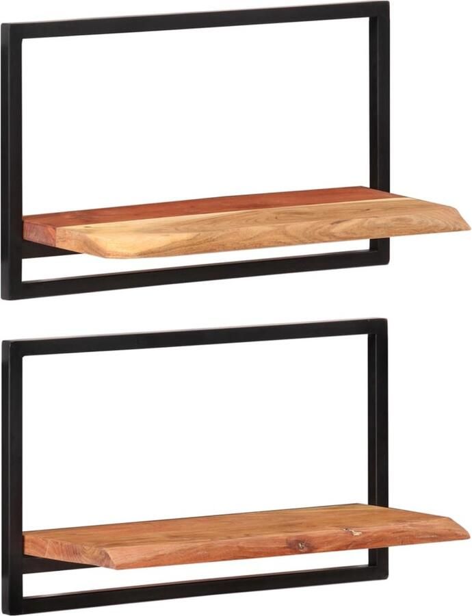 The Living Store Wandschappen 2 st 60x25x35 cm massief acaciahout en staal Houten Wandplanken Wanddecoratie Opbergruimte Salontafel Accessoires Woonaccessoires