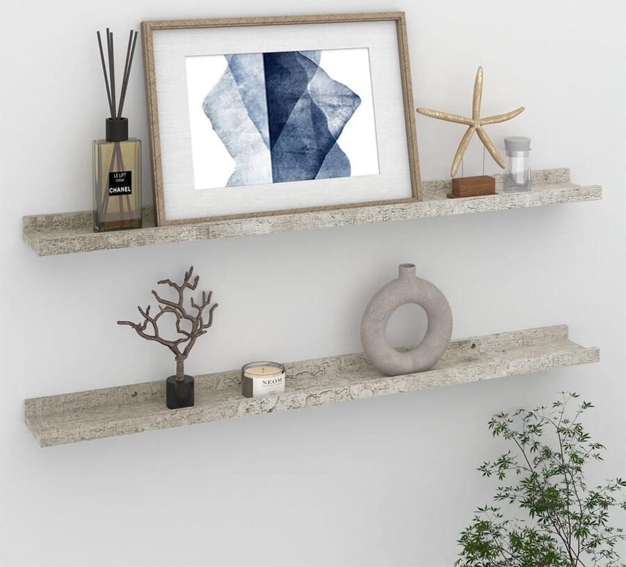 The Living Store Wandschappen 2 st 80x9x3 cm betongrijs Wandplank Schappenset Wanddecoratie Betonlook Mdf Plank - Foto 2