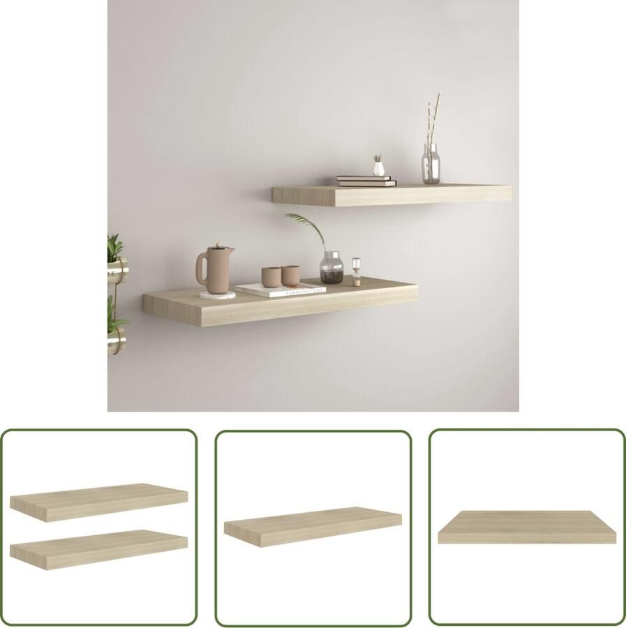 VidaXL Wandendecoratie Wandplank Wandschappen zwevend 2 st 60x23 5x3 8 cm MDF eikenkleurig Livingroom Decoratie Salon Decoratie Houten Wandplank
