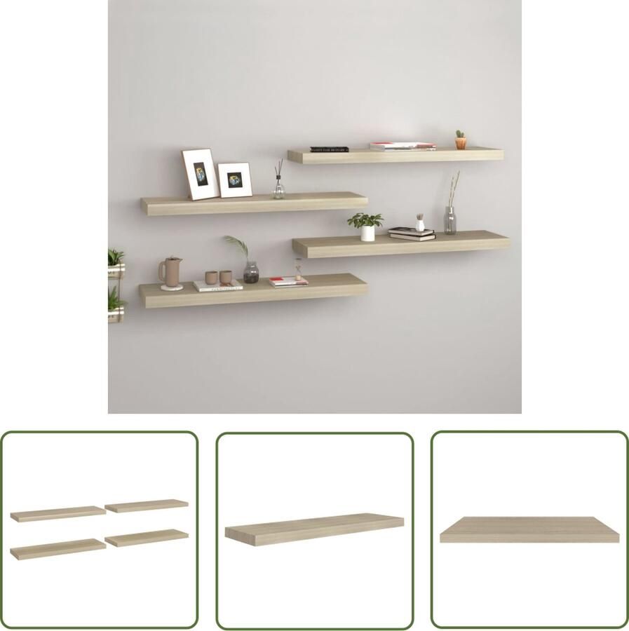The Living Store Wandschappen zwevend 4 st 80x23 5x3 8 cm MDF eikenkleurig Wandplank Wandendecoratie Houten Wandplank Livingroom Decoratie Salon Decoratie