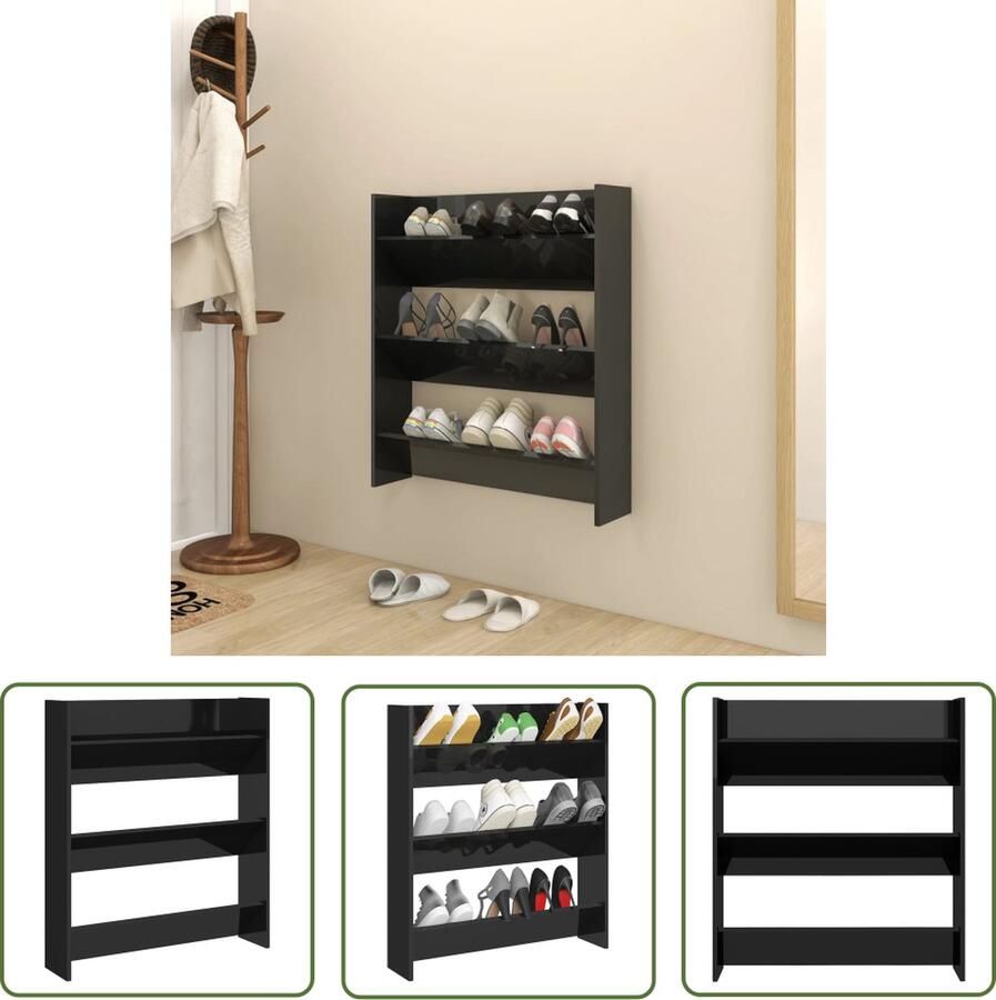The Living Store Schoenenkast Met 3 Schuine Schappen 80x18x90 cm Hoogglans Zwart Schoenenkast Wandenkast Schoenuitlegers Organisatie Opslag - Foto 2