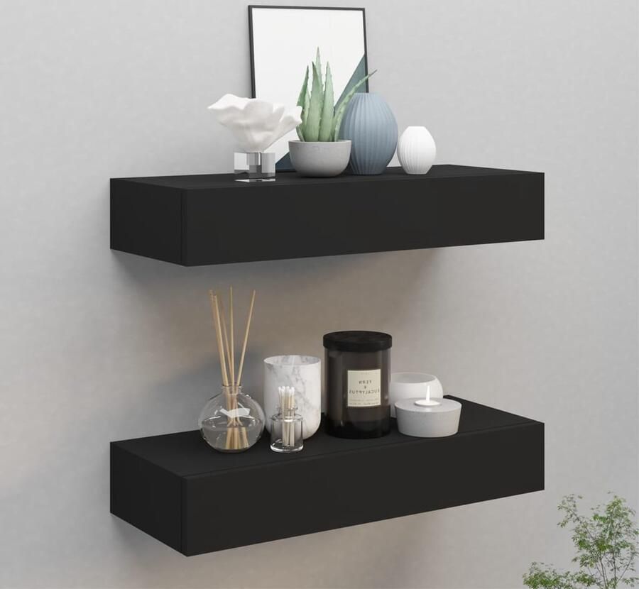 The Living Store Wandschappen 2 st met lade 60x23 5x10 cm MDF zwart Zwevend Schap Wandplank Ladekast Bergruimte Minimalistisch Design