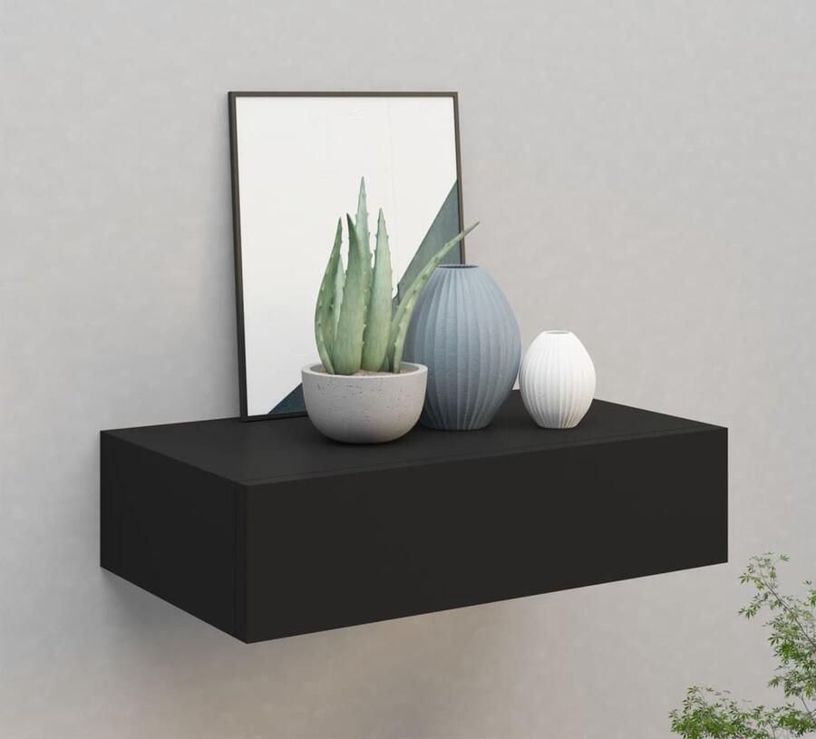 The Living Store Wandschap met lade 40x23 5x10 cm MDF zwart Zwevend Schap Wandschaps Ladekast Zwarte Kast Minimalistisch Design - Foto 2