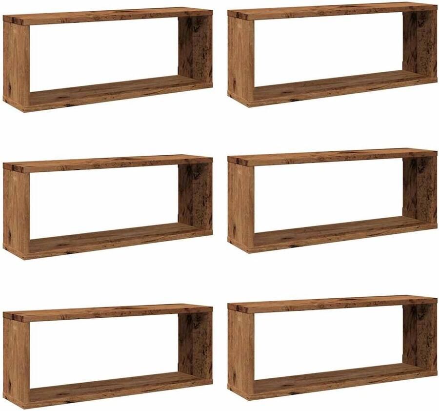 The Living Store Wandschappen kubus 6 st 60x15x23 cm bewerkt hout oud houtkleur Kubus Wandschappen Houten Wanddecoratie Opbergwand Wandplank Vintage Meubels
