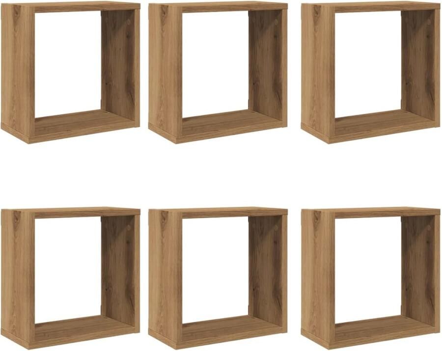 The Living Store Wandschappen kubus 6st 30x15x30cm bewerkt hout artisanaal eiken Wandplanken Houten Wandplank Opbergkast Kubus Plank Design Wandrek
